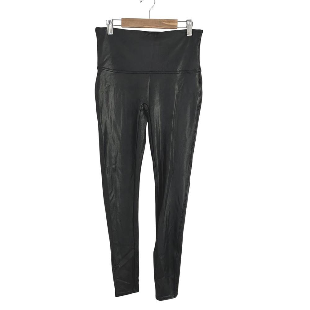 Spanx Women's Black Faux Leather Shiny High Waisted Leggings Large Stretch